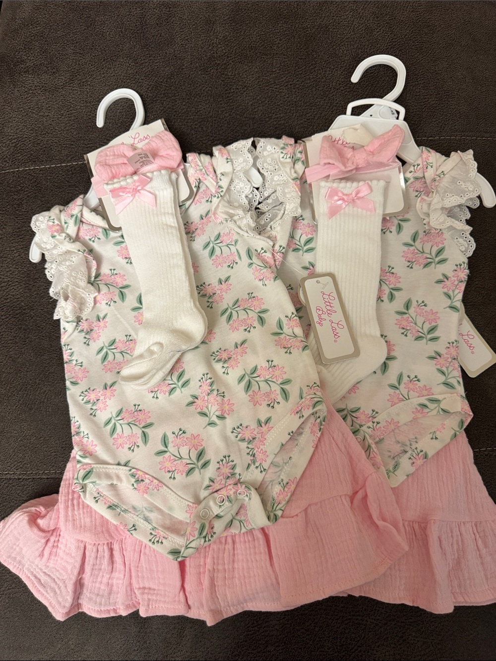 Little Lass Pink Floral Ruffle Romper with Bow Socks
